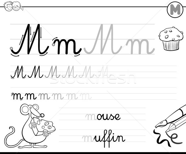 Lernen schreiben Buchstaben m Arbeitsmappe Kinder schwarz weiß Stock foto © izakowski