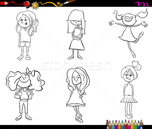Copil fete set carte de colorat negru alb desen animat Imagine de stoc © izakowski