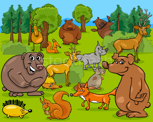 [[stock_photo]]: Forêt · animaux · cartoon · illustration · scène