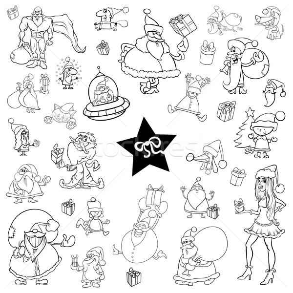 Foto stock: Preto · e · branco · natal · conjunto · desenho · animado · ilustração