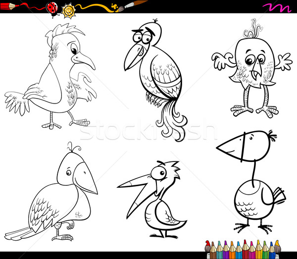 Fantezi kuşlar ayarlamak sayfa siyah beyaz karikatür Stok fotoğraf © izakowski