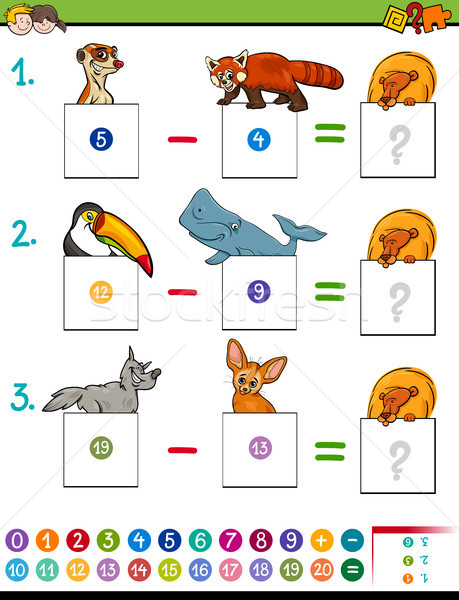 Stock foto: Mathematik · Subtraktion · Spiel · cute · animals · Karikatur · Illustration
