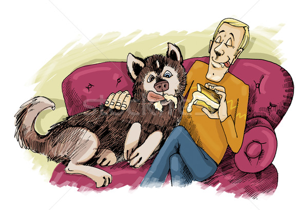 husky dog and his owner on sofa Stock photo © izakowski