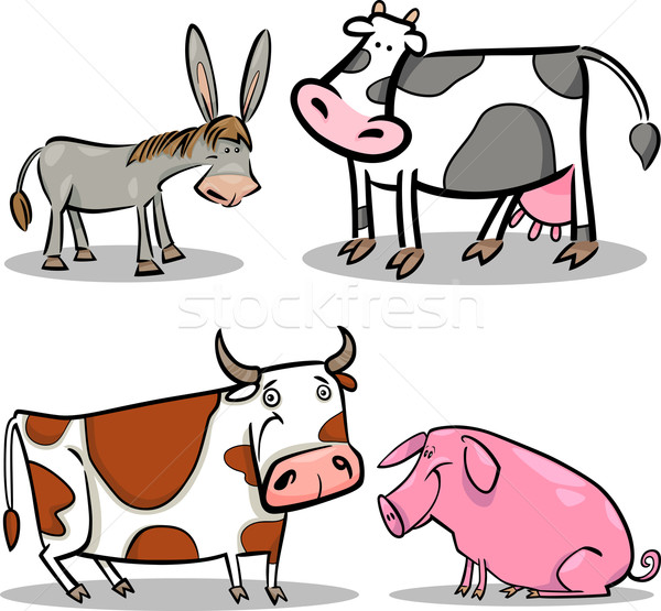 Stockfoto: Cute · cartoon · boerderijdieren · ingesteld · illustratie · vier