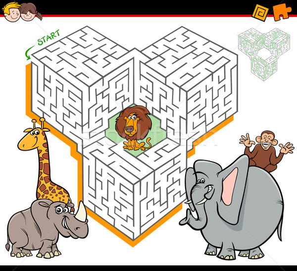 cartoon maze activity with safari animal characters Stock photo © izakowski