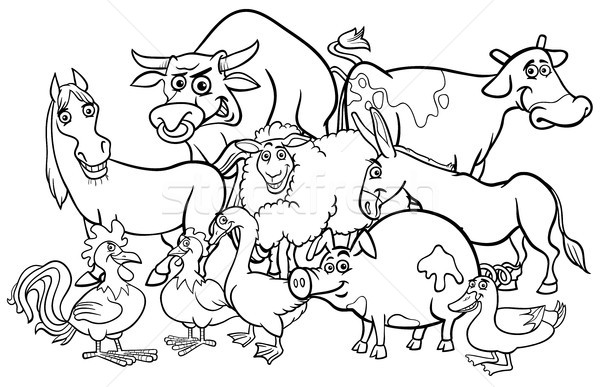 Сток-фото: Cartoon · сельскохозяйственных · животных · книжка-раскраска · черно · белые · иллюстрация · комического