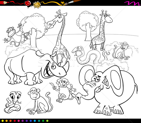 Zwierzęta safari kolorowanka czarno białe cartoon ilustracja scena Zdjęcia stock © izakowski