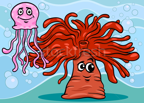 anemone and jellyfish cartoon illustration Stock photo © izakowski