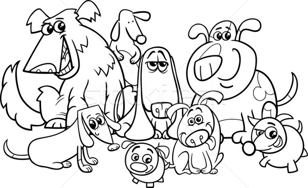 Stockfoto: Honden · groep · cartoon · kleurboek · zwart · wit · illustratie