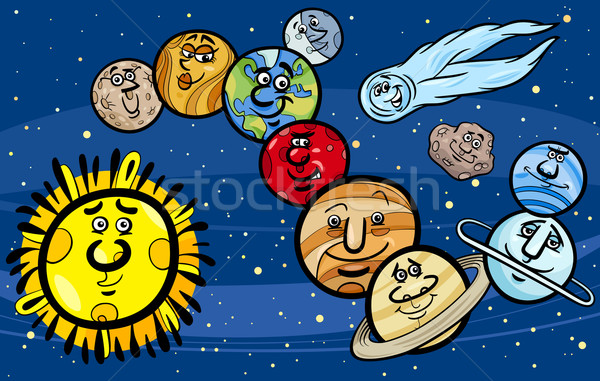 [[stock_photo]]: Système · solaire · planètes · cartoon · illustration · drôle · espace