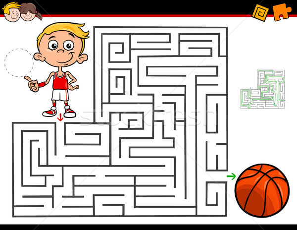 Stockfoto: Cartoon · doolhof · activiteit · jongen · basketbal · illustratie