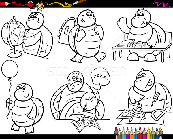 Iskola teknős szett rajz oldal kifestőkönyv Stock fotó © izakowski