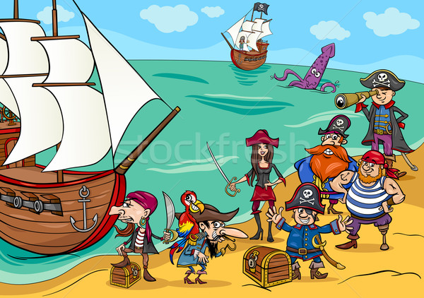Pirates With Ship Cartoon Vector Illustration C Igor