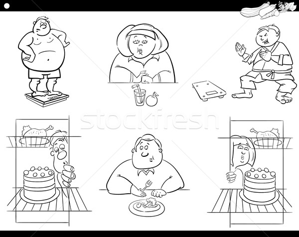 Menschen Ernährung Set schwarz weiß Karikatur witzig Stock foto © izakowski