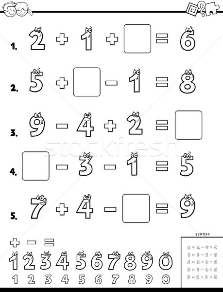 Berechnung pädagogisch Arbeitsmappe Kinder schwarz weiß Karikatur Stock foto © izakowski