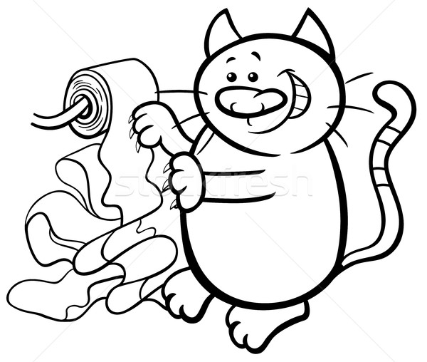 Katze Toilettenpapier Seite schwarz weiß Karikatur Illustration Stock foto © izakowski