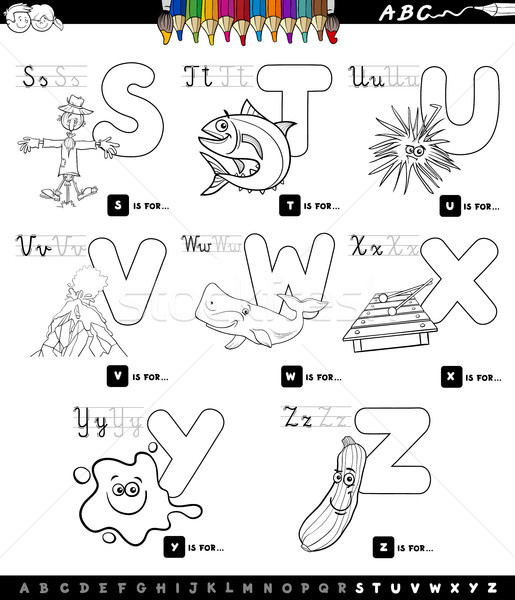 Pädagogisch Karikatur Alphabet Set Ausmalbuch schwarz weiß Stock foto © izakowski