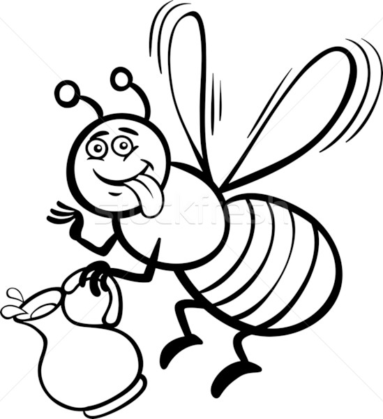 Foto stock: Mel · de · abelha · desenho · animado · livro · para · colorir · preto · e · branco · ilustração · engraçado