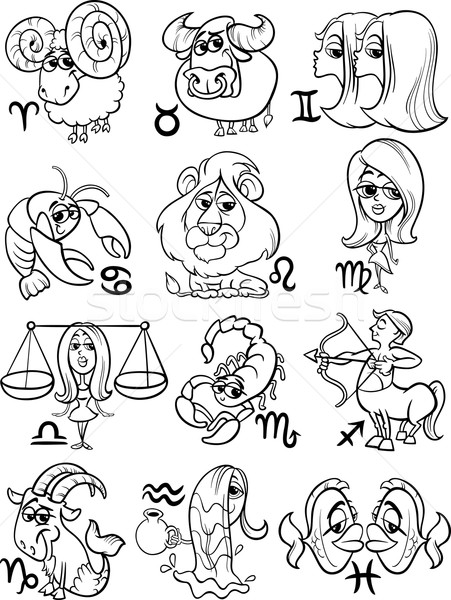 Horoskop Sternzeichen Zeichen Set schwarz weiß Karikatur Stock foto © izakowski