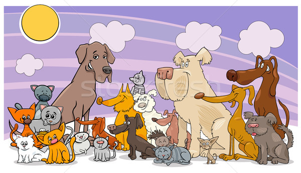 Stockfoto: Cartoon · grappig · hond · katten · groep · illustratie