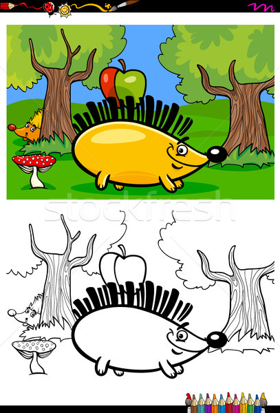 Stockfoto: Cartoon · egel · karakter · kleurboek · illustratie · appel