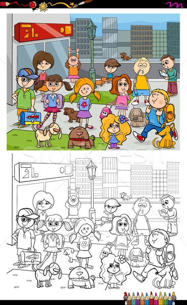 Сток-фото: дети · город · книжка-раскраска · Cartoon · иллюстрация · собаки