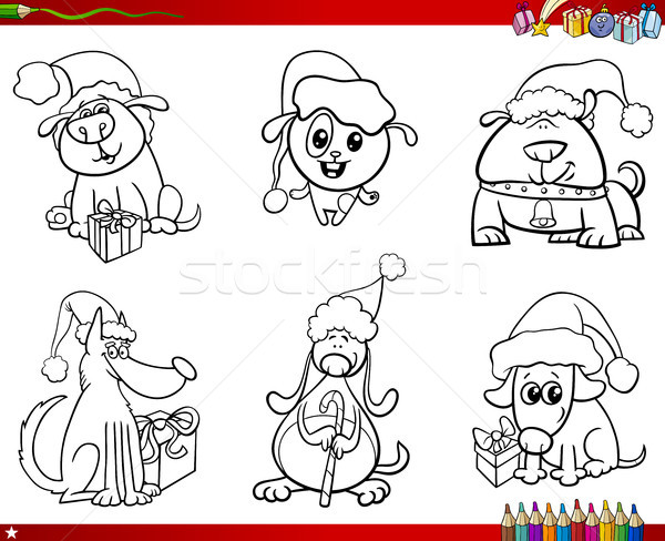 Cães natal conjunto livro para colorir desenho animado ilustração Foto stock © izakowski