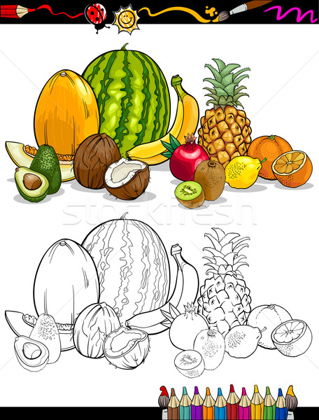 coloring book or page cartoon illustration of tropical fruits