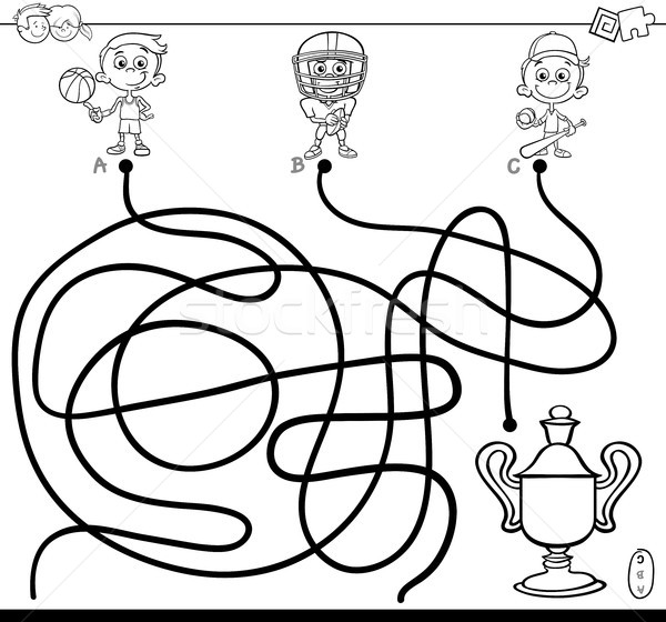 Labirint copil sport carte de colorat negru alb desen animat Imagine de stoc © izakowski