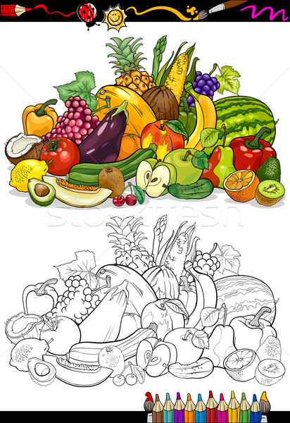 Frutas e legumes grupo desenho animado ilustração imagem vetorial