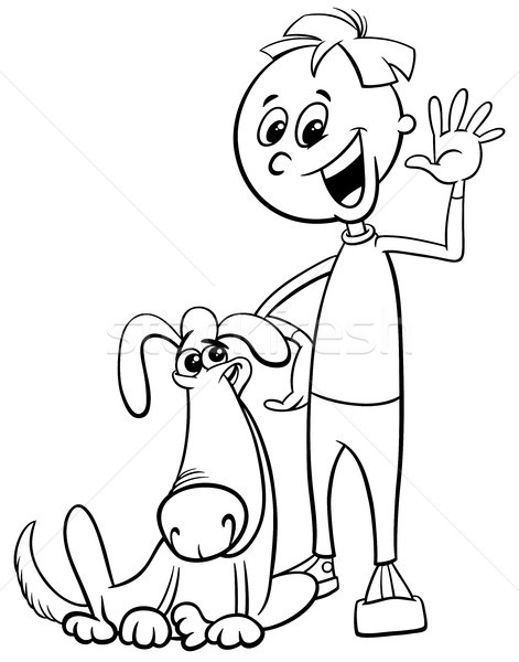 少年 面白い 犬 漫画 塗り絵の本 黒白 ストックベクター
