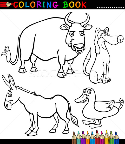 Stockfoto: Cartoon · boerderijdieren · kleurboek · zwart · wit · pagina · illustratie