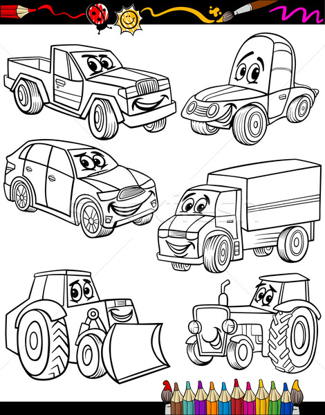 Foto stock: Cartoon · vehículos · establecer · libro · para · colorear · página · ilustración