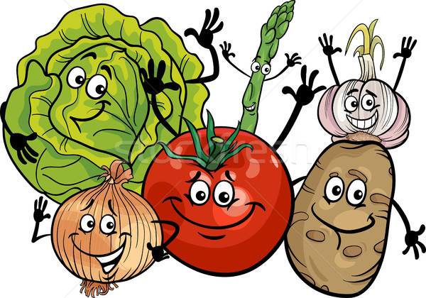 Frutas e legumes grupo desenho animado ilustração imagem vetorial