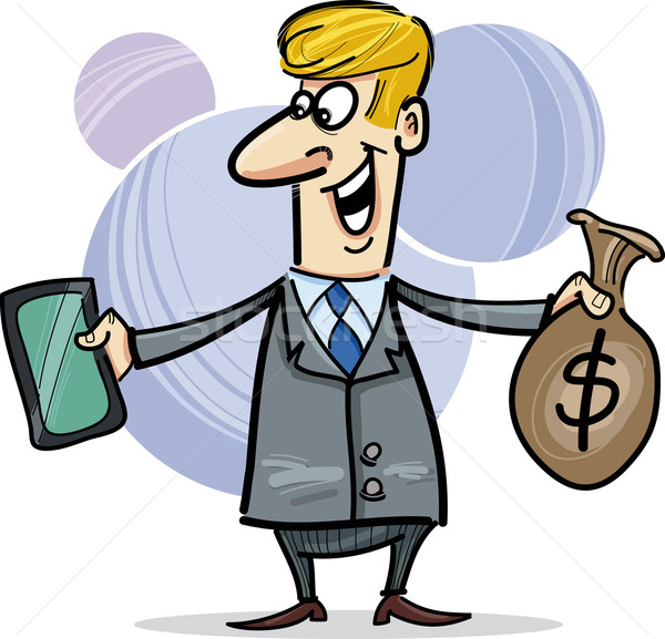 Stock foto: Geschäftsmann · Tablet · Sack · Dollar · Karikatur · witzig