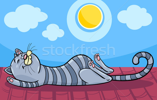Dormir chat cartoon illustration drôle toit Photo stock © izakowski