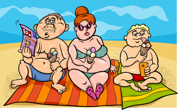 Foto stock: Excesso · de · peso · família · praia · desenho · animado · humor · ilustração