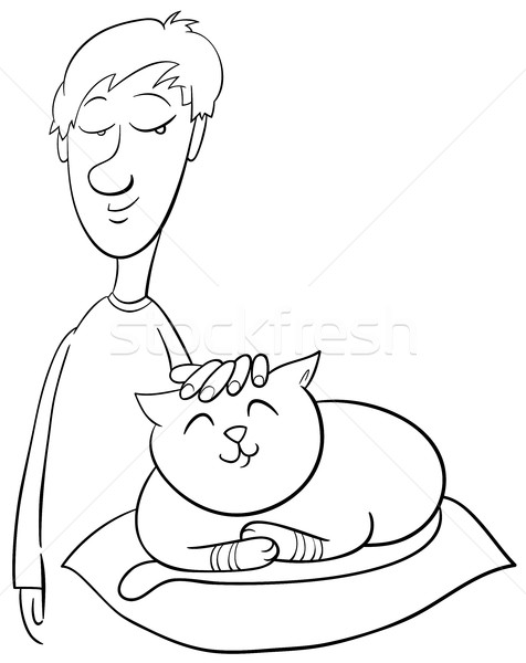 boy strokes cat coloring page Stock photo © izakowski