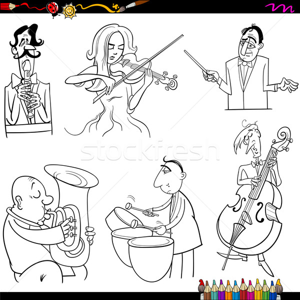 Stockfoto: Muzikanten · cartoon · pagina · kleurboek · illustratie · spelen