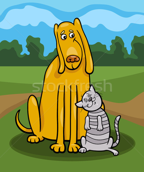 Hond kat vriendschap cartoon illustratie grappig Stockfoto © izakowski