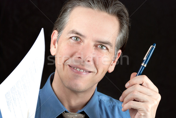 Biznesmen pióro oferowanie papieru szczęśliwy Zdjęcia stock © jackethead