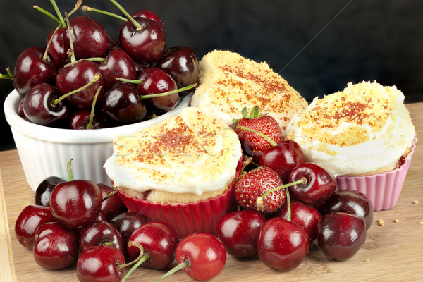 Iced Strawberry Cherry Muffins Surrounded With Fruit, Horizontal Stock photo © jackethead