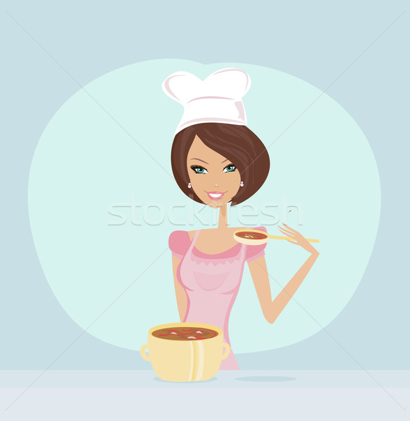 Stock photo: Beautiful lady cooking soup