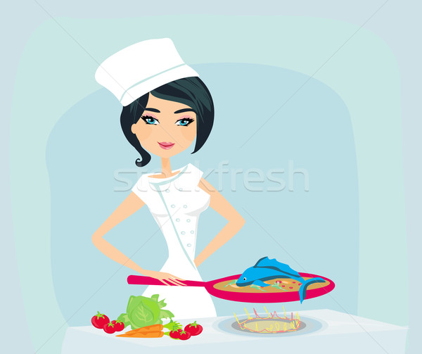 Jovem cozinhar peixe frigideira mulher comida Foto stock © JackyBrown