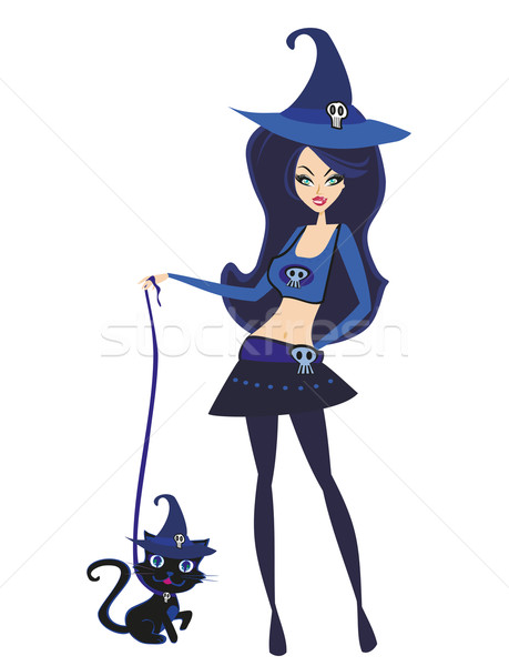 [[stock_photo]]: Halloween · sorcière · chat · femme · fille · sourire