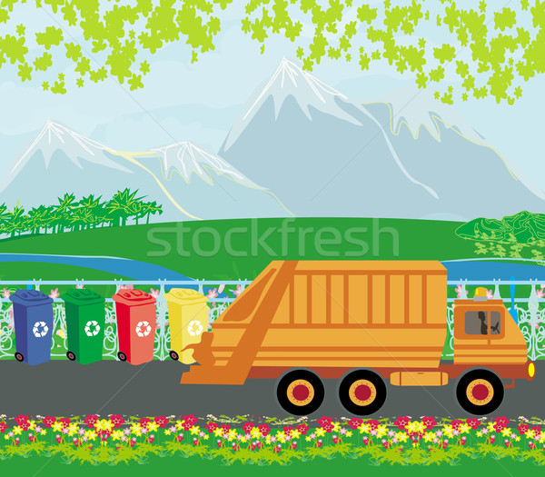 Zdjęcia stock: śmieci · karty · samochodu · krajobraz · drzew · niebieski