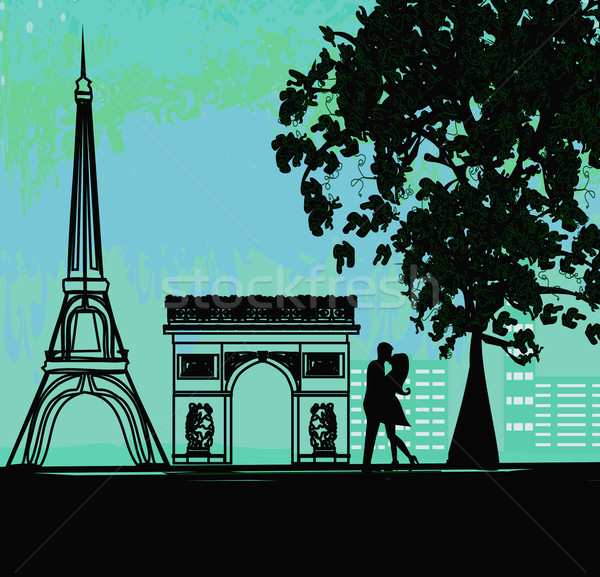 浪漫 情侶 巴黎 接吻 艾菲爾鐵塔 天空 商業照片 © JackyBrown