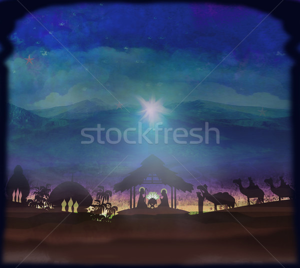 Sahne doğum İsa gökyüzü aile ışık Stok fotoğraf © JackyBrown