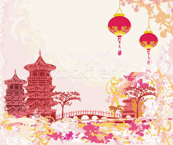 old paper with Asian old building and Chinese Lanterns Stock photo © JackyBrown