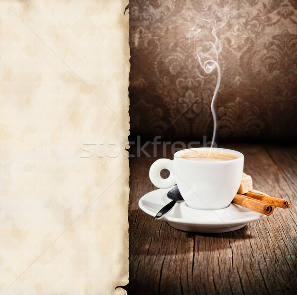 Kávé csendélet üres papír szöveg fa kávézó Stock fotó © Jag_cz